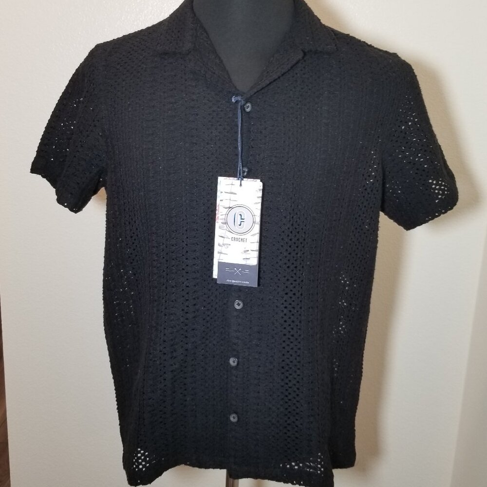 MBX Premium Goods Mens Small Black Crochet Short Sleeve Button Up Retro City NWT